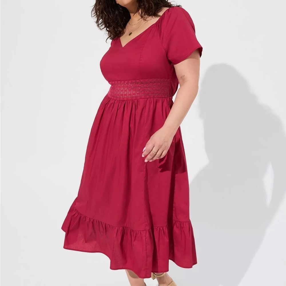 Torrid Midi Poplin Sheer Waist Dress Cherries Jubilee Red Size 2 Pockets